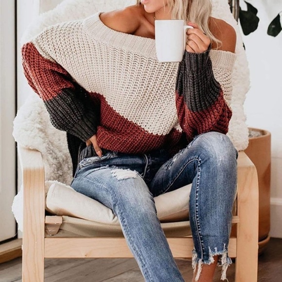 Women’s pullover boho Color Block Sweater long sleeve multicolored